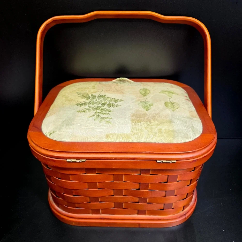 Handwoven Basket Swing Handle Lid Liner Wood Tray Brown Leaf Pattern Cottagecore